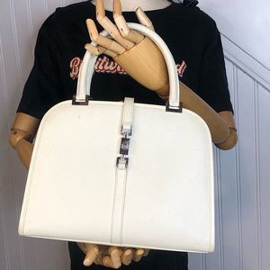 Vintage GUCCI Ivory Leather Satchel Self-Standing Silver Jackie Buckle Hand Bag